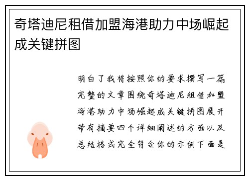 奇塔迪尼租借加盟海港助力中场崛起成关键拼图
